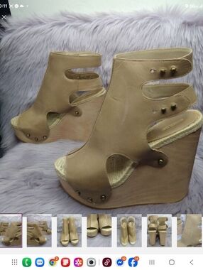 Max Studio Foal Leather Wedge Booties Platform Sandals Womens Size 10 Beige Stud